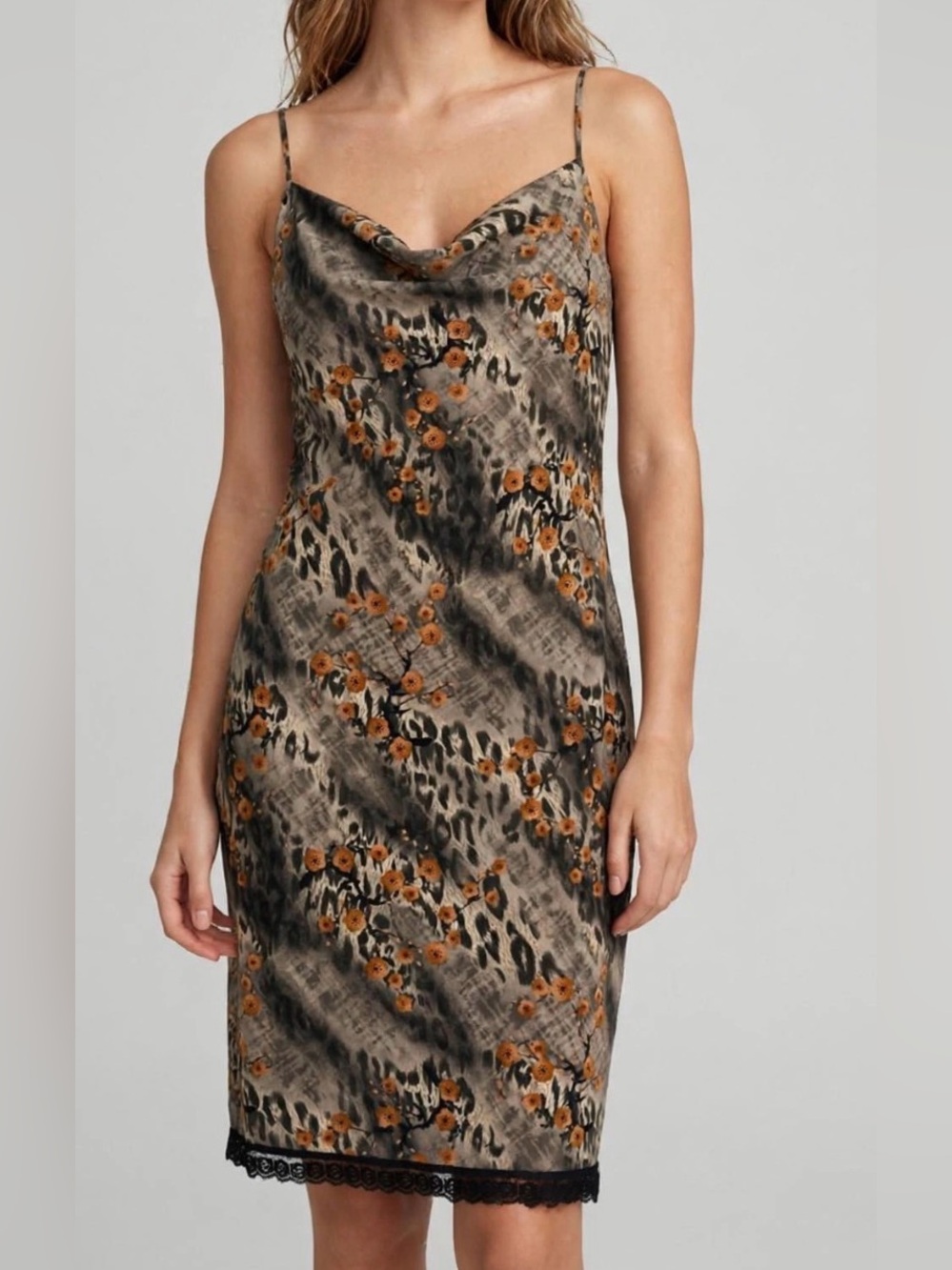 Leopard and Floral Print Slip Dress with bottom lace hem Midi Length in size M